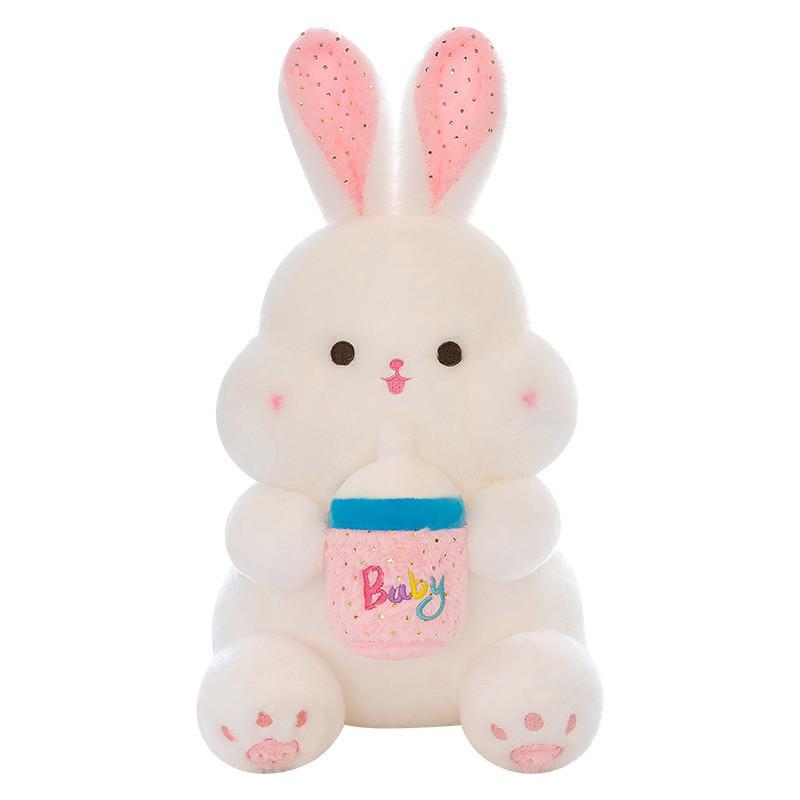 Adorable White Bunny Plush Toy With Milk Bottle Design Soft And Cuddly For Girls