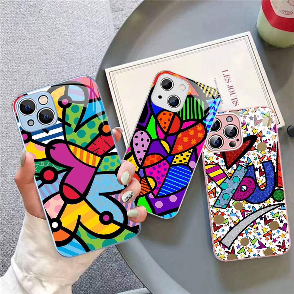 Art R-Romero Britto For IPhone 14 13 12 Mini 11 Pro XS Max X XR 14 Plus Tempered Glass Cover