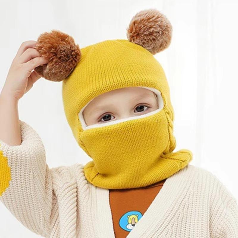 2025 Pompom Baby Winter Hat Scarf One-piece Kids Knitted Beanie Warm Ears Neck Children Bonnet Infant Cap for Girls Boys 1-5Y
