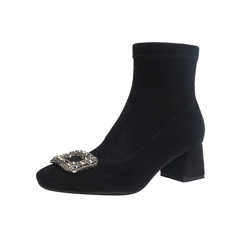Замшевые узкие ботильоны на толстом каблуке, на среднем каблуке, короткие ботинки, женские осенне-зимние одинарные ботинки, со стразами, с квадратным носком, интернет-знаменитость, эластичный флис