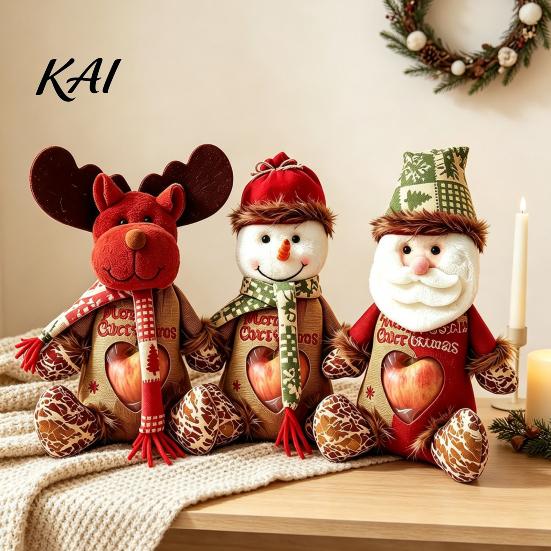 Decorative Tabletop Holiday Decor Christmas Burlap Gift Bags with Clear Window, Santa Snowman Hanging Tree Ornaments Reindeer Drawstring Pouch,