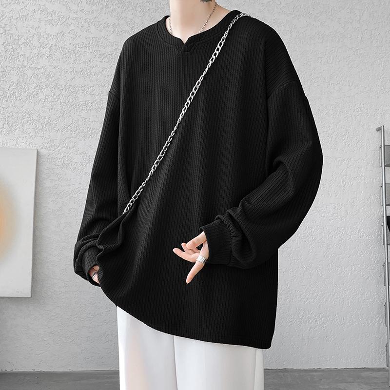 2024 New Trendy Mens V-Neck Pit Stripe Long Sleeved Elastic Solid Casual Loose Oversized T-Shirt Male Korean Tops Tees