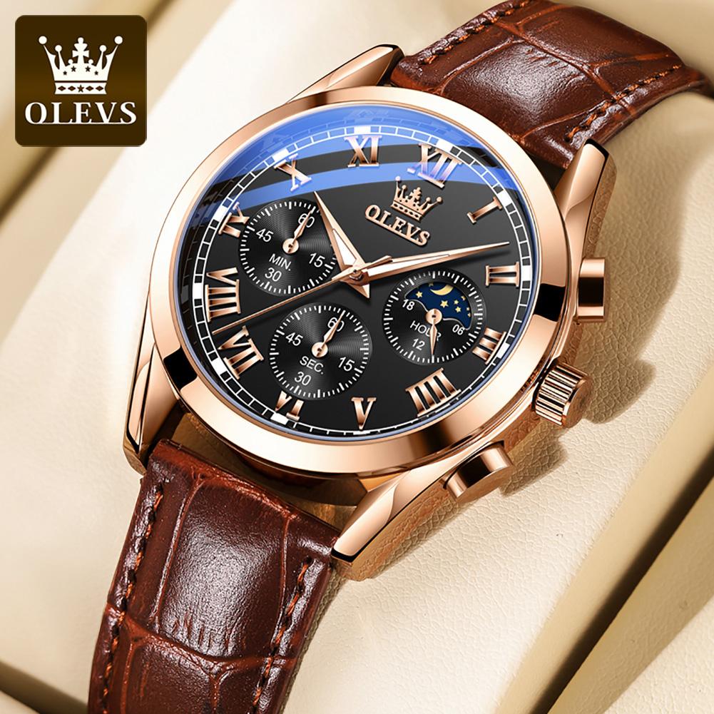 OLEVS Moon Phase men's watches Chronograph 30m waterproof luminous brand quartz watch for man date Leather strap Original watch