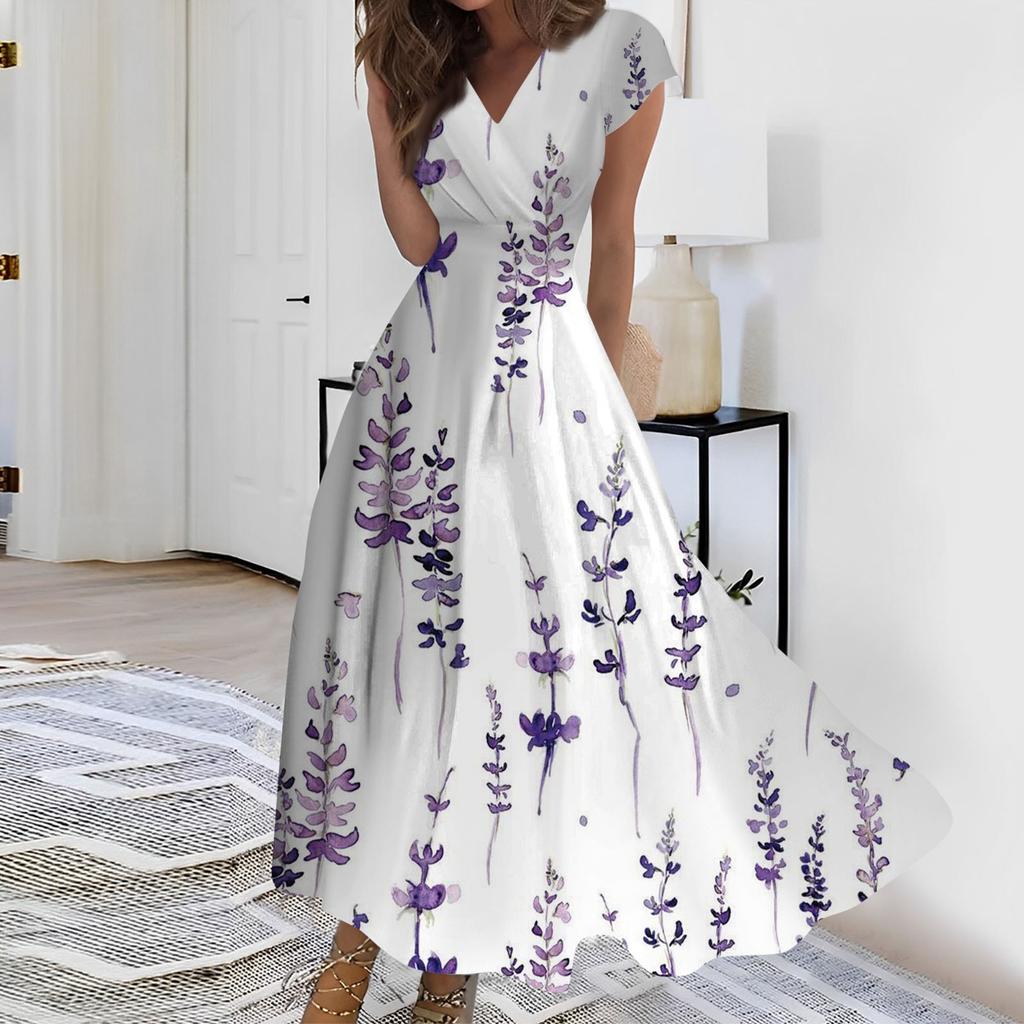 Женское длинное повседневное платье. Летнее платье с короткими рукавами и v-образным вырезом на талии с принтом.