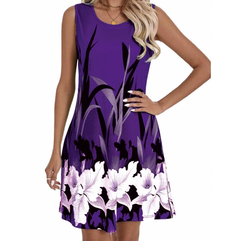 DAFIFY Women's Fashion Summer Spring Flower Pattern Print Sleeveless O-Neck Loose Waistline Casual Dresses