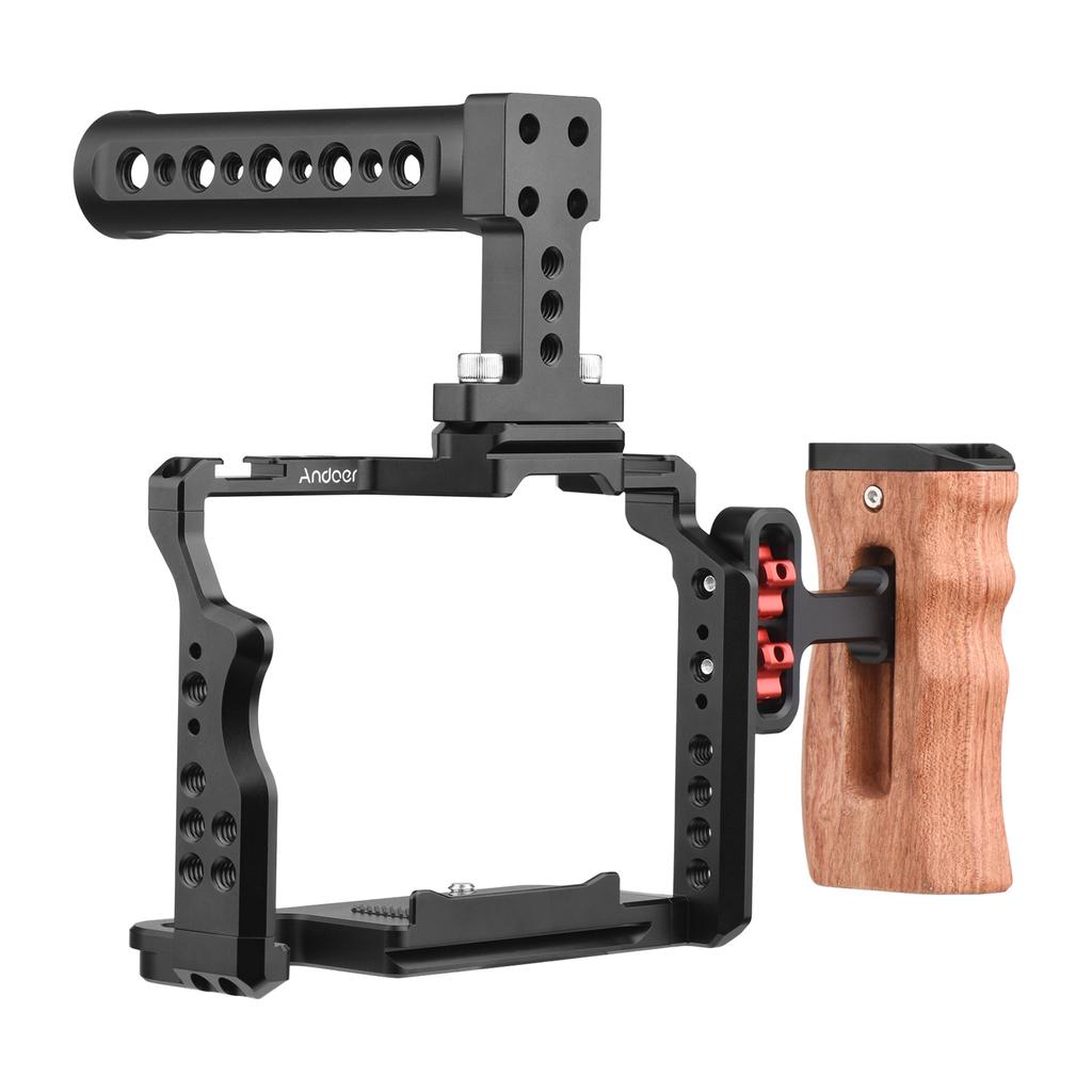 Andoer Camera Video Cage + Top Handle + Side Wooden Grip Kit Aluminum Alloy with Dual Cold Shoe