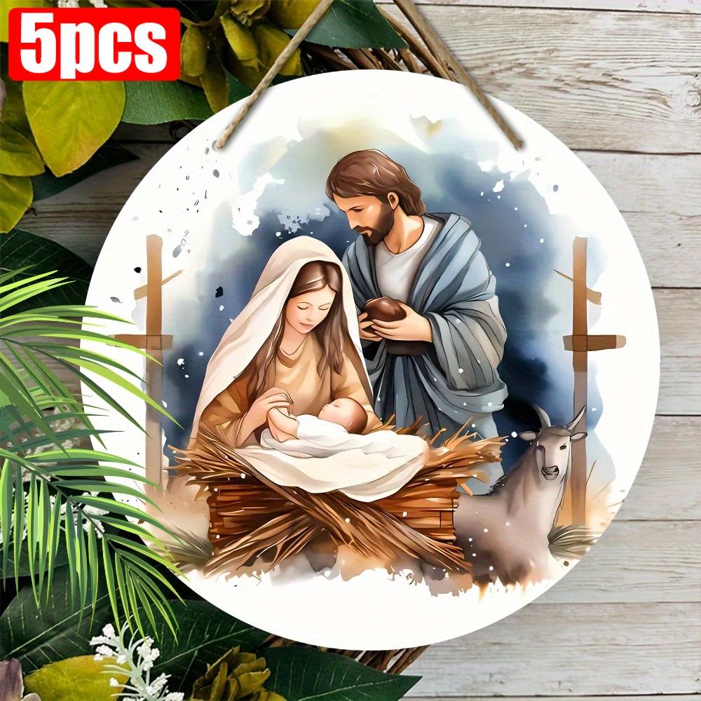 5 шт. круглых деревянных настенных знаков в виде вертепа - прекрасно изготовлены для крещения, крестин и рождественских украшений - идеально подходят для дома, сада и улицы
