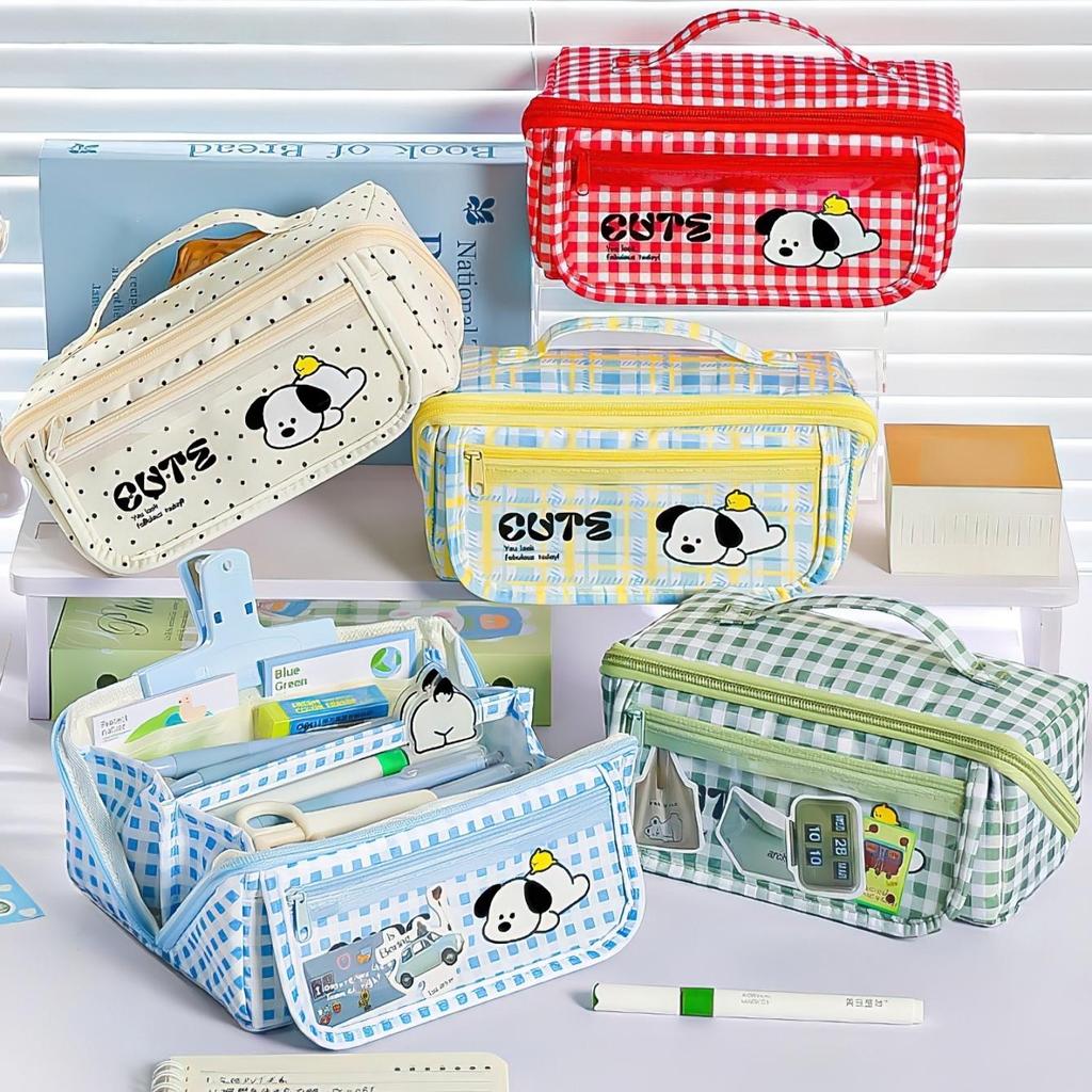 Cute Plaid Puppy Large Capacity Pencil Case Multi-Function Cartoon Stationery Bag with Prism Design Stain Resistant