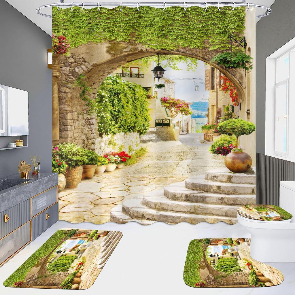 4 шт., наборы занавесок для душа в европейском стиле с архитектурой замка Мандала для ванной комнаты, нескользящие коврики для ванной комнаты, крышка для унитаза, коврик для ванной