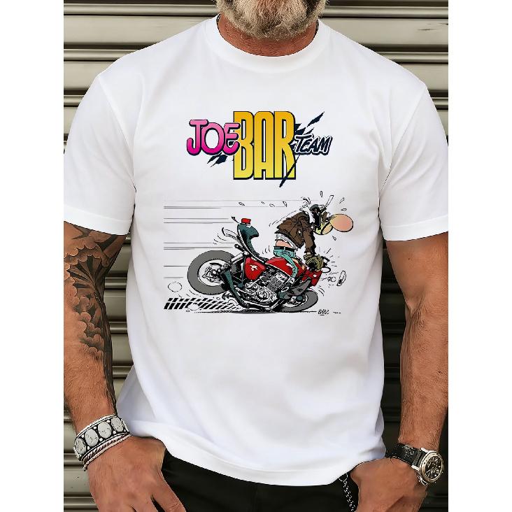 White T Shirt Joe Bar Team Motorcycle Cartoon Print for Men Casual Streetwear Fashion