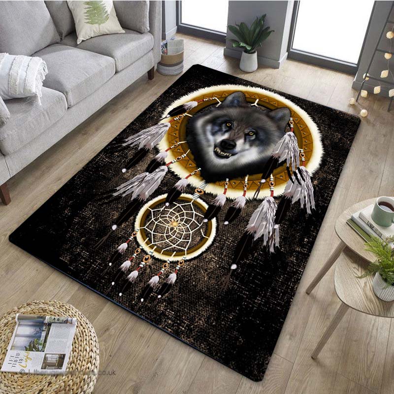 1PCStylish Wolf Dream Catcher Pattern Anti Slip Kitchen Rug for Kitchen Living Room Bedroom Washable Flannel Area Rug
