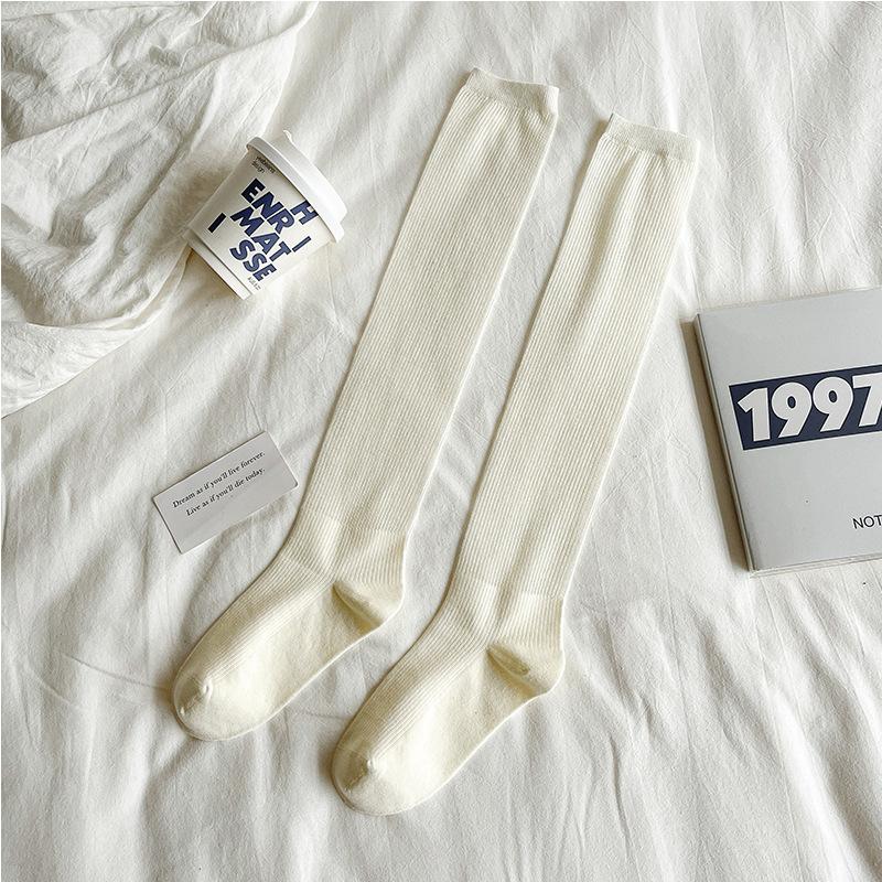 Female Spring and Autumn Pure Color Simple College Style All Build Sweet Long Leg Socks