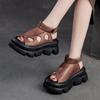 Retro Peep Toe Platform Sandals Genuine Leather Hollow Thick Soled Roman Women's Shoes