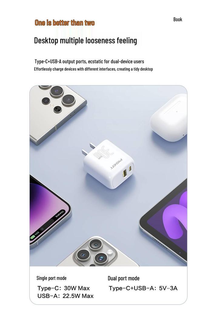 PISEN 30 Вт GaN Быстрое зарядное устройство Комплект для Apple и Android, Двухпортовая вилка, Новая модель