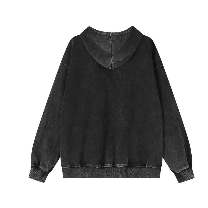 Mens Oversized Hooded Zip-Up Sweatshirt With Embroidered Patch Washed Cotton Blend Streetwear Style