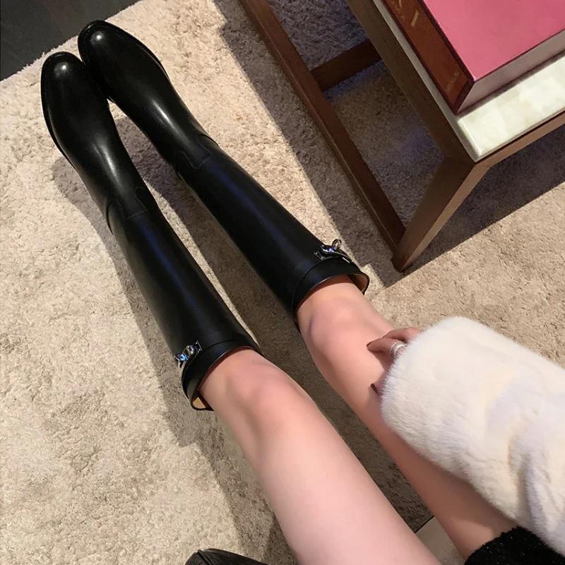 Женская обувь Зимние женские высокие сапоги на платформе Модные толстые подошвы на плоской подошве с круглым носком до колена с боковой молнией Рыцарские сапоги