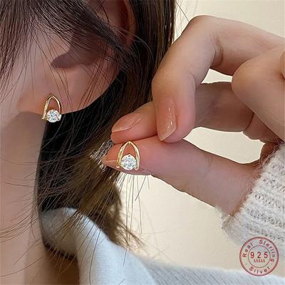 Серьги-гвоздики геометрической формы с одним цирконом, покрытие 14-каратным золотом, стерлинговое серебро 925 пробы, для женщин, простые, модные, для вечеринки, тонкое ювелирное изделие