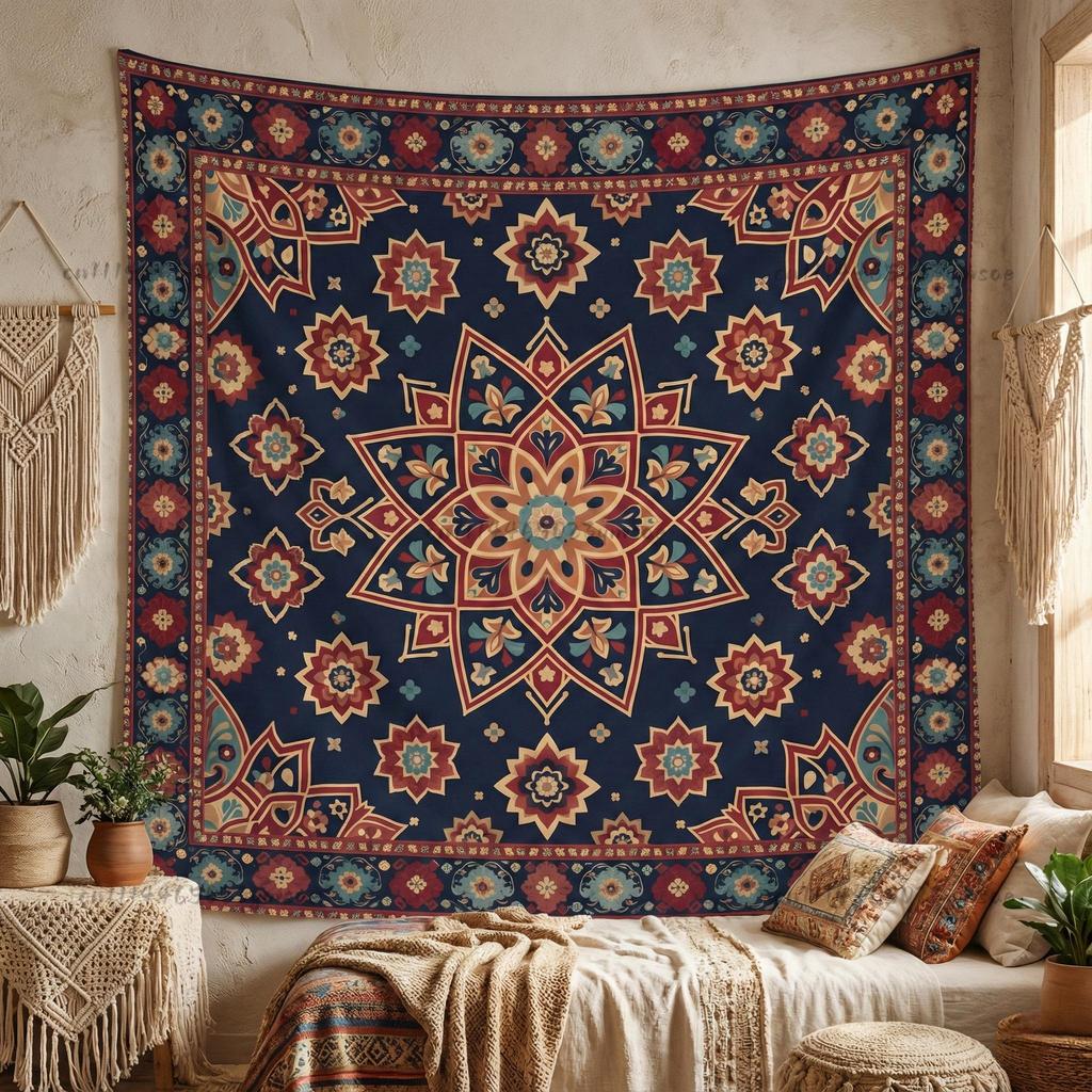 Persian Rug Style Tapestry Navy Blue Mandala Wall Hanging Backdrop Cloth Oriental Kilim Room Decor Hippie Bohemian Garden Banner
