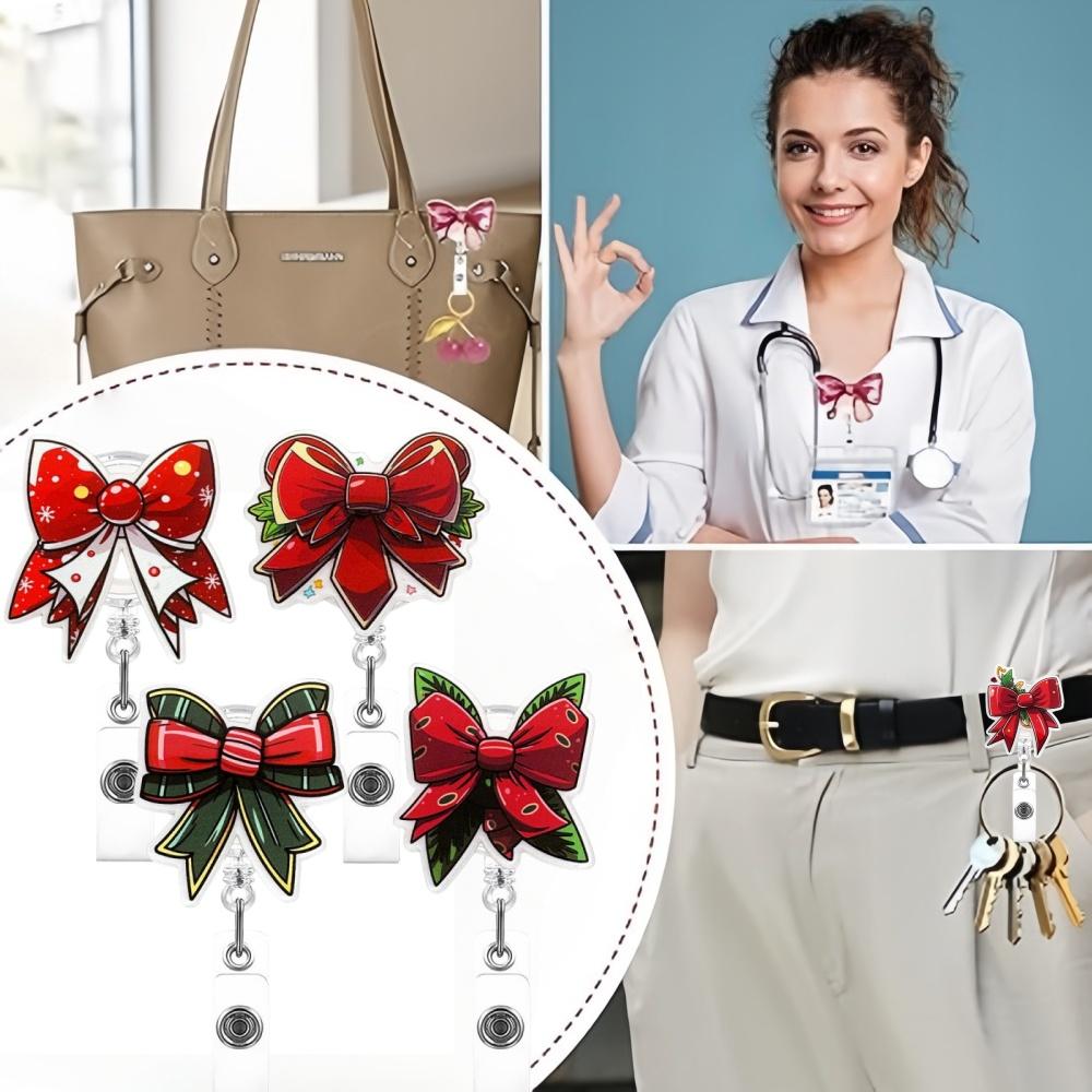 Christmas Bow Badge Reel Cute Nurse Badge Holder With Alligator Clip Worker Id Card Retractable Badge Holder Name Tag Key Chain