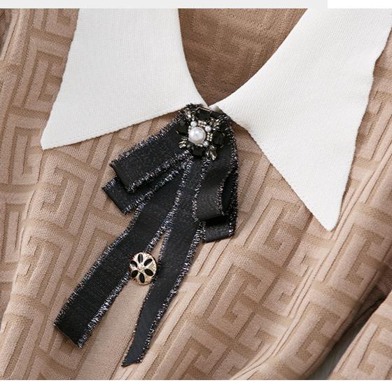 Autumn Winter Women Elegant Polo Collar Designer Print Bowtie Knitted Sweater Office Party Slim Bodycon Sheath Dresses