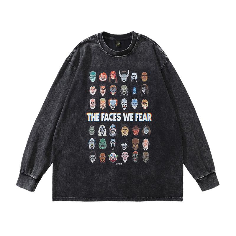 European And American Hip Hop Retro Old Long-Sleeved T-Shirt Men And Women Oversize Street Trendy Brand Couple Vintage Base