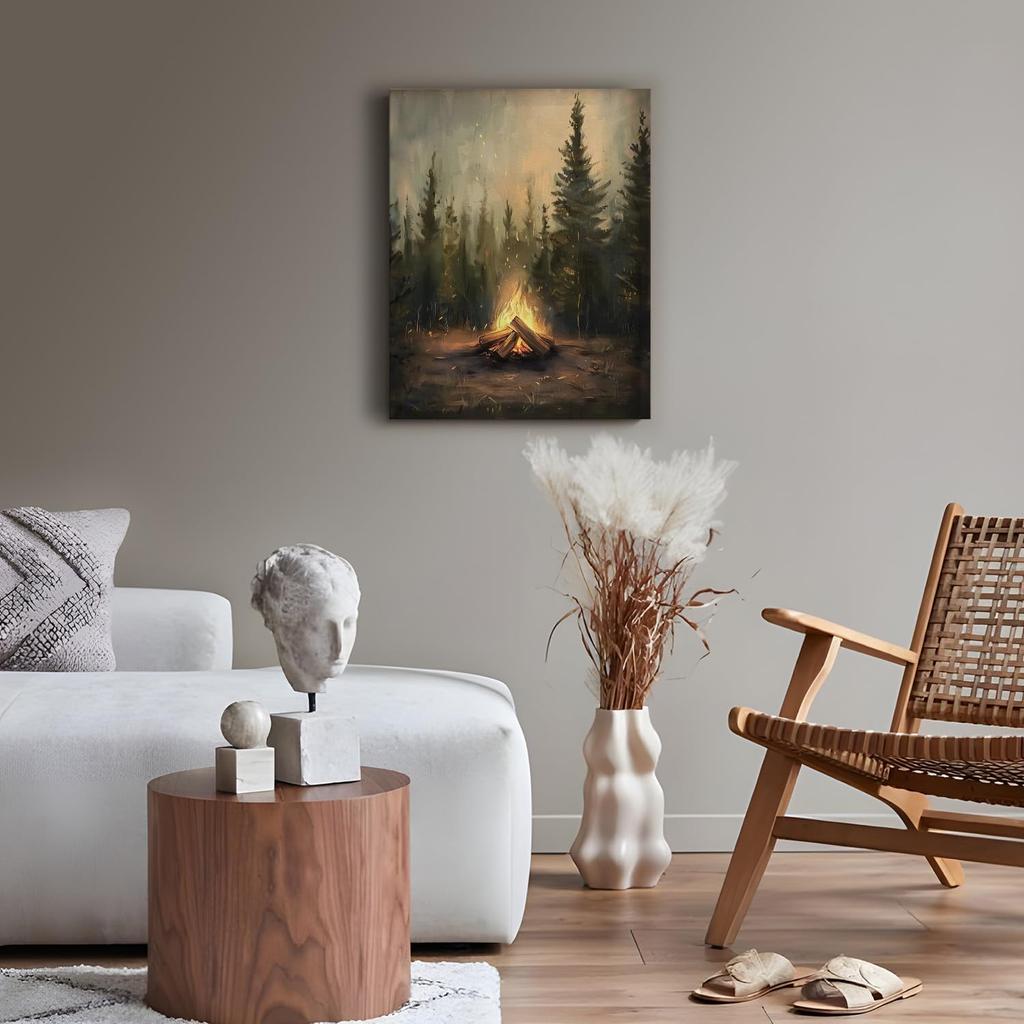 APJYM Rustic Pine Tree Forest Camfire Camping Wall Art, Vintage Dark Moody Wood Land Nauture Landscape Canvas Wall Art for Cabin Camper Home, 11x14