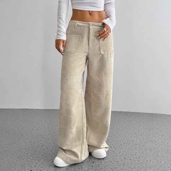 Женские брюки с низкой посадкой, на молнии и пуговице, прямые широкие длинные брюки с карманами, однотонные рубчатые брюки для отдыха