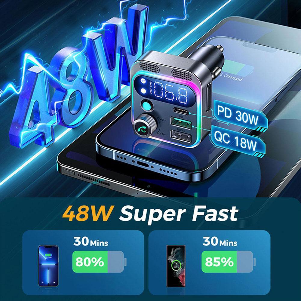 2025 Bluetooth 5.3 FM Transmitter for Car Stronger Dual Mics Deep Bass Sound 48W PD&QC3.0 Car Charger Bluetooth Adapter