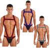 Men's One Piece Contrast Color Trim Bodysuit Wrestling Jockstrap Leotard Pouch Hollow Out Thongs Underwear