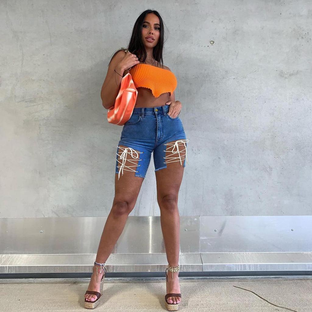 FGHJ Летние женские джинсовые шорты Брюки для ночного клуба Высокая талия Сексуальные джинсовые шорты с ремешками