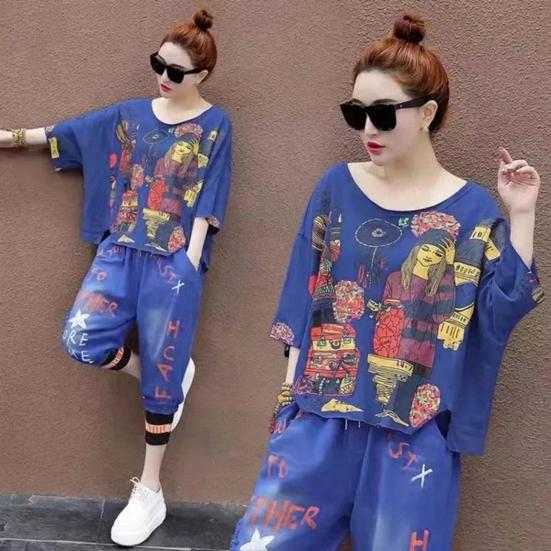 Женский комплект из 2 шт./компл., футболка с V-образным вырезом в стиле хип-хоп и принтом, брюки, топ с ремешками на щиколотке