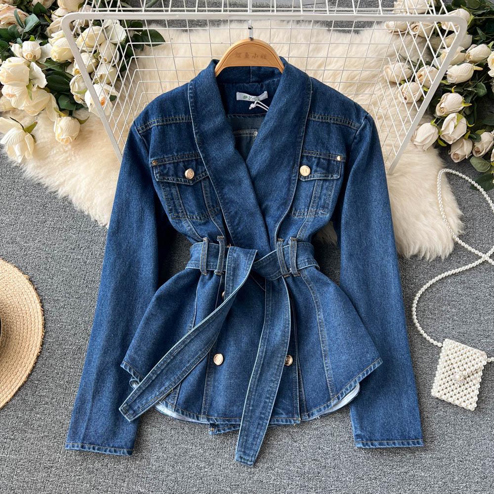 Осенняя новая корейская версия двубортной джинсовой куртки с тонким поясом на талии и краем листа лотоса с v-образным вырезом