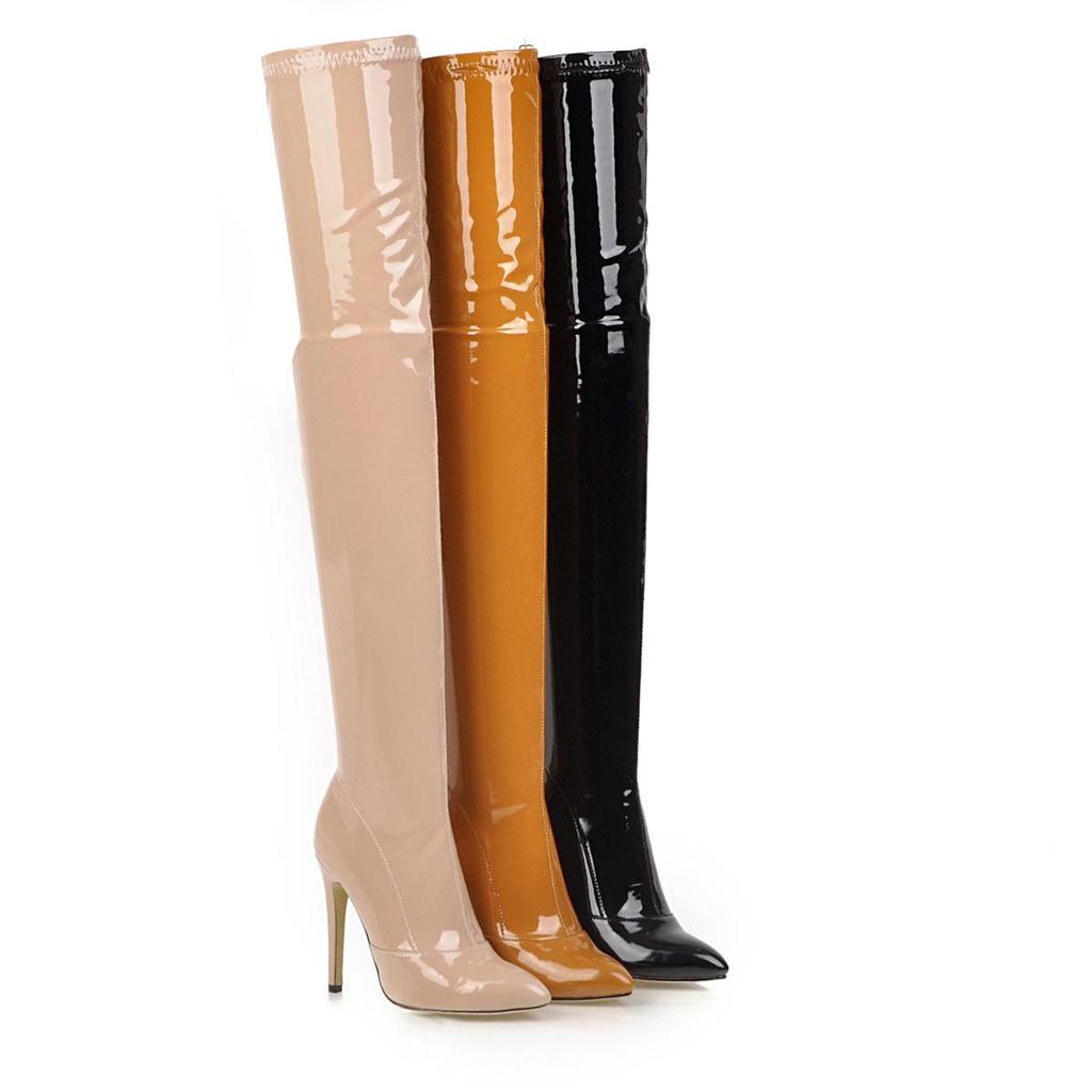 Q/Women's High Heeled Boots, Sexy Pointed Toe Thin Heel Knee Length Boots, Oversized Women's Shoes