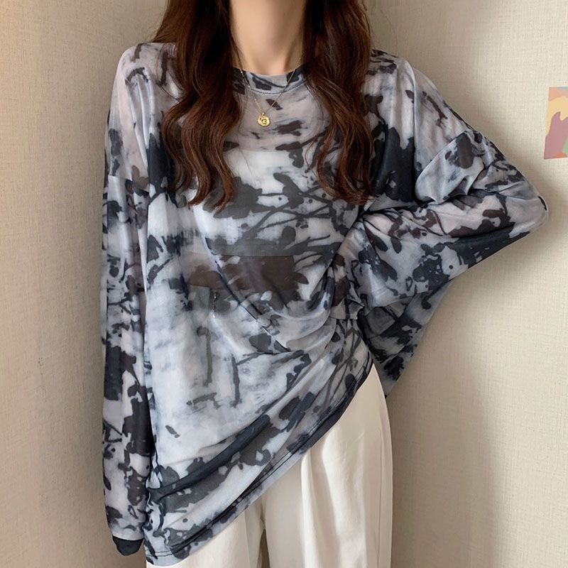 Summer Mesh Sunscreen Shirt Spicy Girl Top Design Feel Loose Tie-dyed Long-sleeved T-shirt Women's Fashion