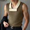 INCERUN Men Patchwork Lapel Sleeveless Casual Ribbed Tank Tops
