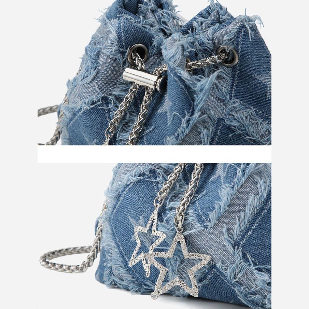 Tassel Star Denim Bucket Bag Drawstring Handbag Metal Chain Crossbody Bag Rhinestone Korean Style Cloth Shoulder Bag Party