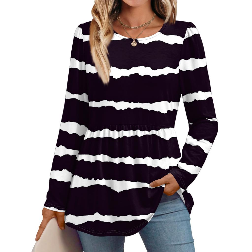 Women's Casual Fashion Long Sleeve Shirt Striped Tunic Top