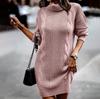 Autumn and Winter Women's Fashion Clear Color High Neck Long Sleeve Hip Sweater Dress