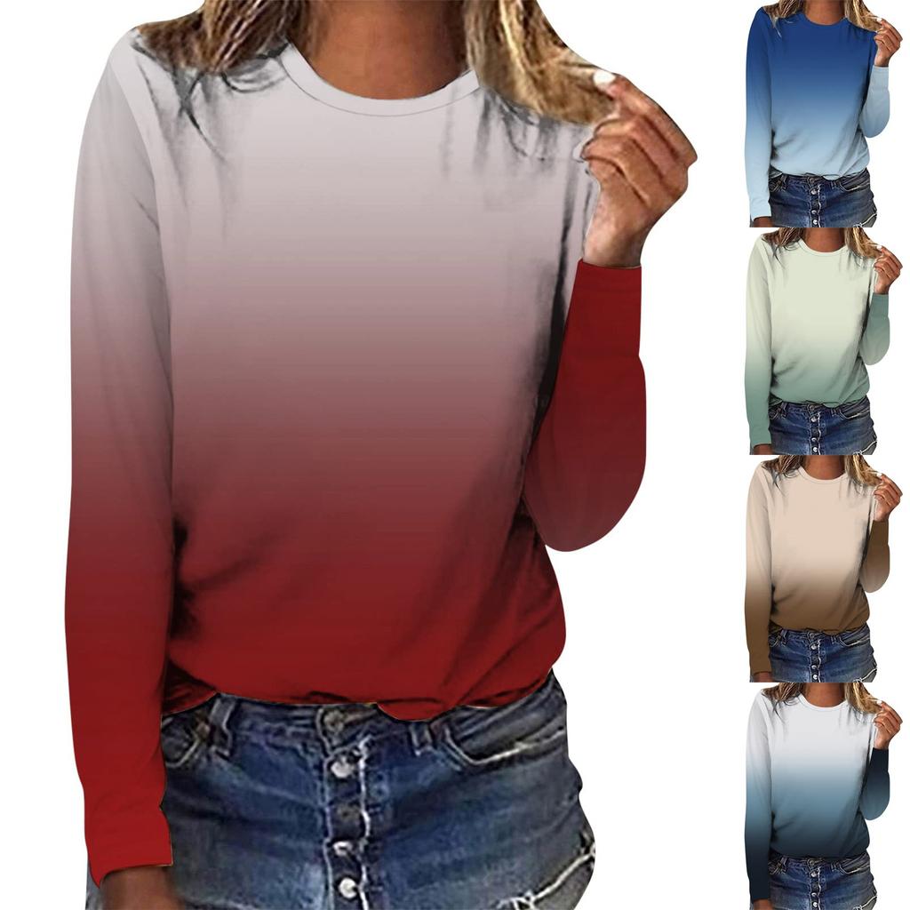 Женская мода повседневный топ с длинным рукавом с градиентным принтом и круглым вырезом