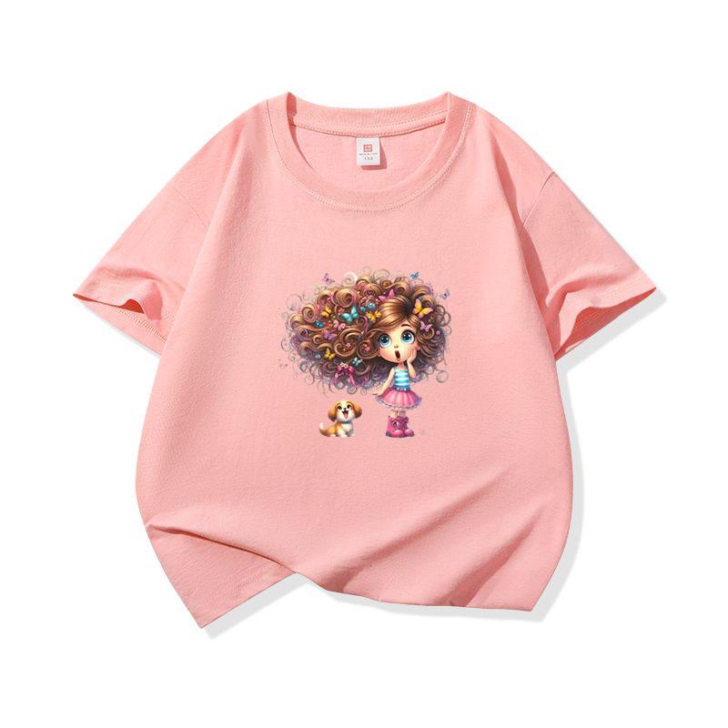 Kids Cotton T Shirt Girl With Floral Hair And Puppy Dog Print Crew Neck Short Sleeve Tee Casual Boys Girls Summer Tops