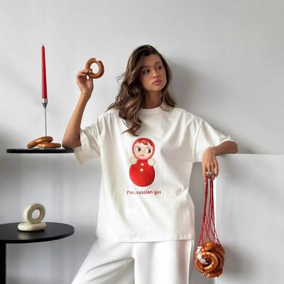 Ретро Принт Матрешки Женская Футболка Повседневная Мода Y2k Индивидуальность Круглый Вырез Короткий Рукав Футболка Уличный Стиль