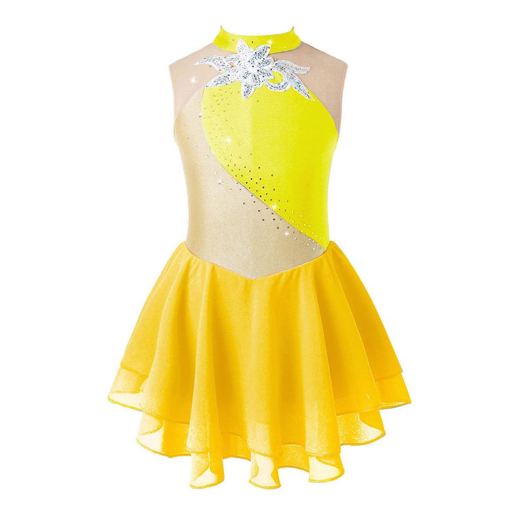 Детское платье для катания на коньках, украшенное стразами, цветочный лоскутный костюм без рукавов