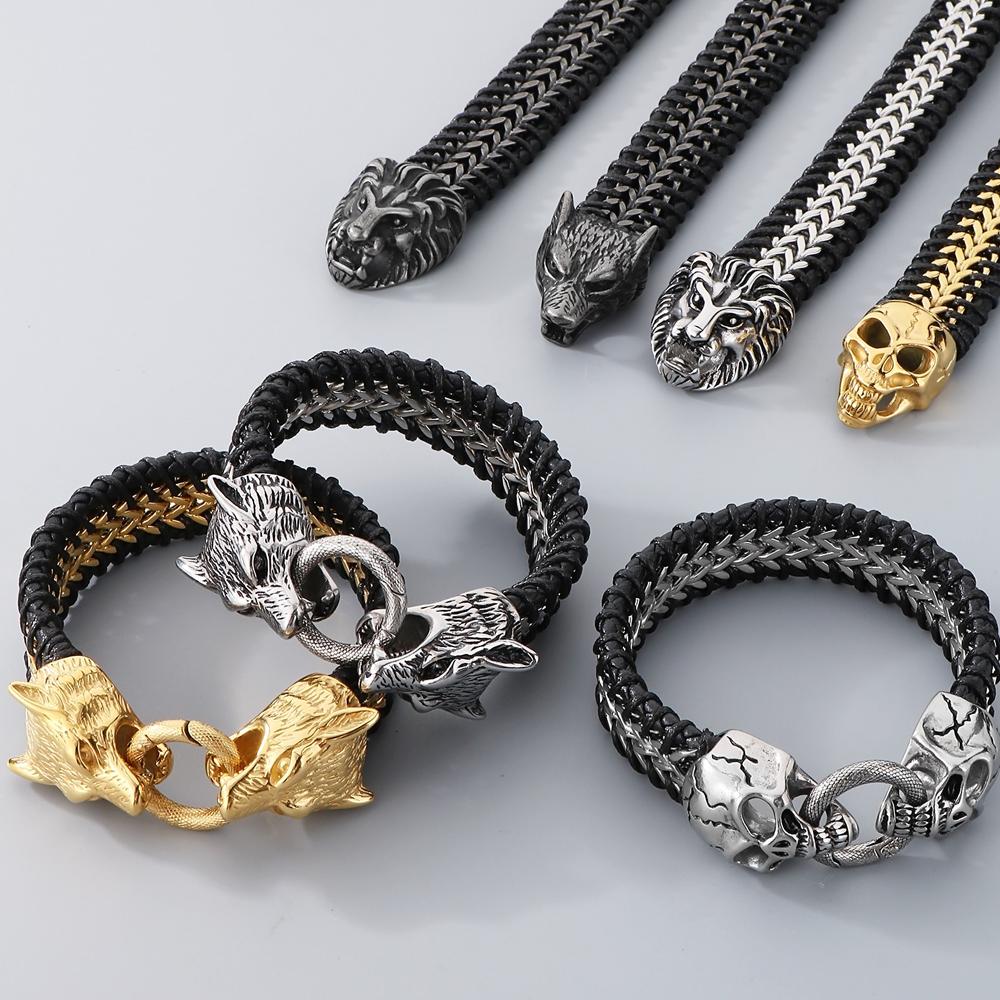 Готические мужские браслеты с изображением льва, волка, черепа, головы, кожа и черный/золотой цвет, нержавеющая сталь, мужской браслет на запястье, ювелирные изделия, аксессуары