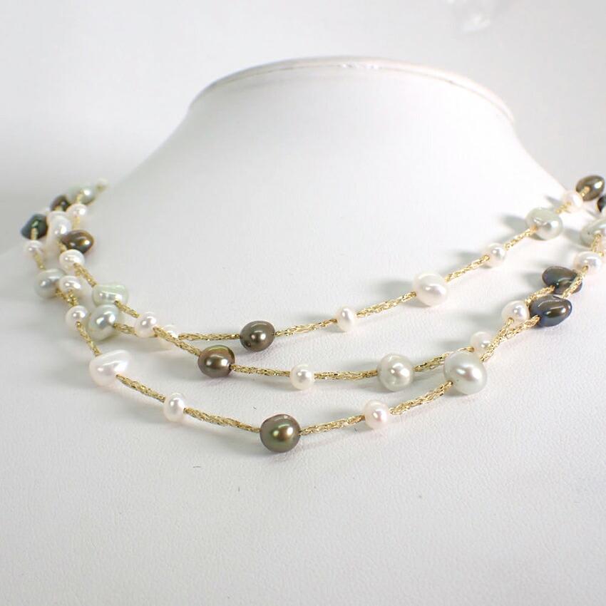 [Used] Freshwater Pearl 3 Strand Multi Station Pearl Necklace [m1-7]