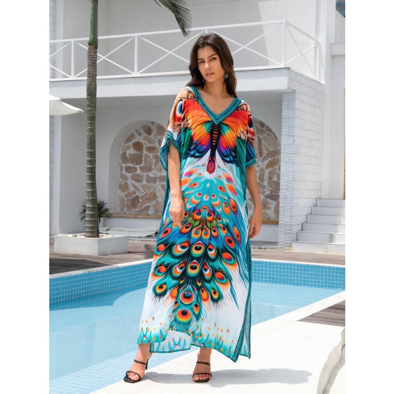 Женская мода лето весна перо принт рукава 1/2 V-образный вырез свободная талия повседневные платья