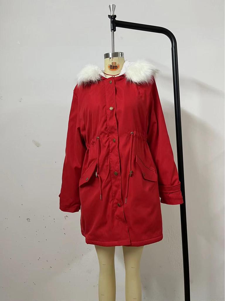 Женское осенне-зимнее полупальто средней длины с белым меховым воротником и капюшоном, на теплой флисовой подкладке