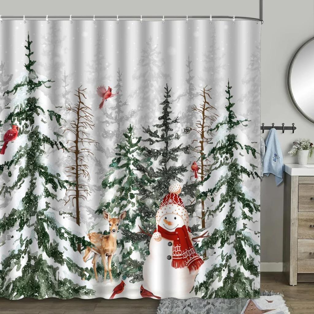Christmas Shower Curtain, Winter Farm Barn Snowman Animal Moose Berry Christmas Tree Snow Scene Red Bird Bathroom Decoratio.