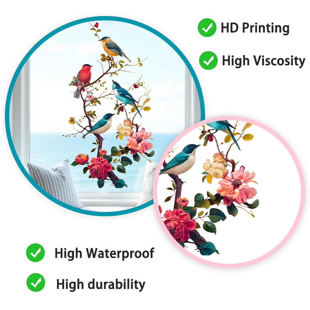 Цветы и птица на ветке Статичная наклейка на окно Самоклеящаяся Съемная Спальня Гостиная Балкон Стеклянная дверь Домашний декор Искусство