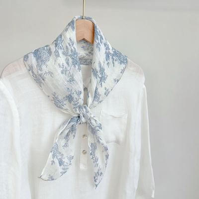 Scarf Linen Women Summer Thin Flowers Blue Square Breathable Sun Protection Neck Head Wrap Accessory For Spring Autumn Holiday