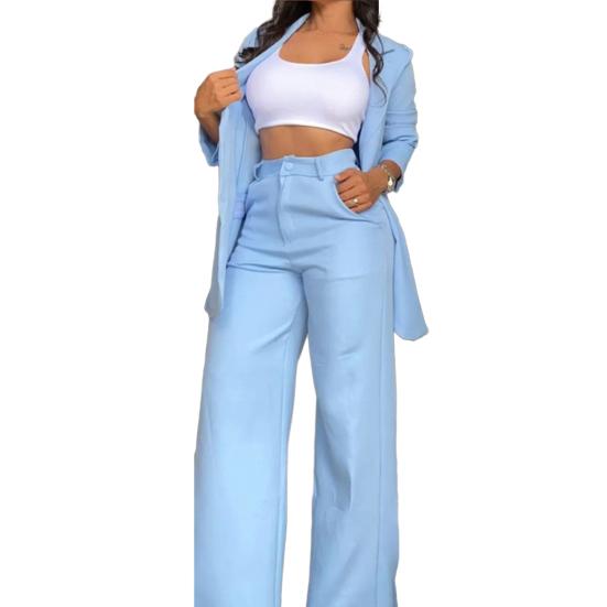 2 Pcs/Set Women Coat Pants Suit Single-breasted Turn-down Collar Long Sleeve Catdigan Jacket Wide Leg Straight High Waist Pants Lady Commute